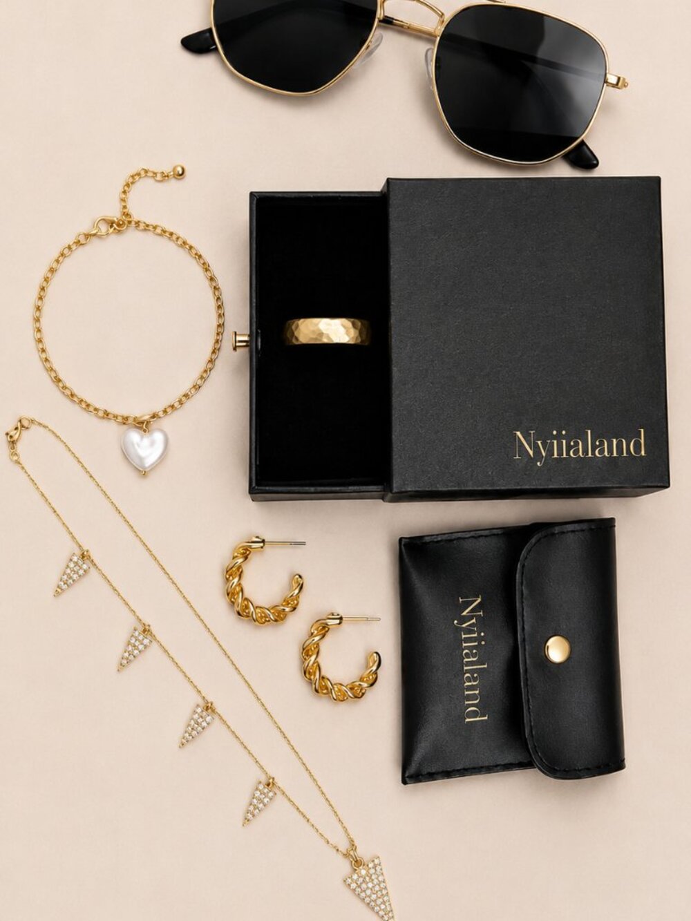 Nylialand Gold Jewelry Set | Crystal Triangle Necklace, Heart Bracelet & Aviator